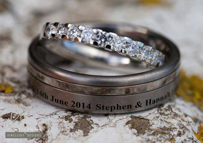 Black zirconium wedding ring with titanium inlay and personalised engraving